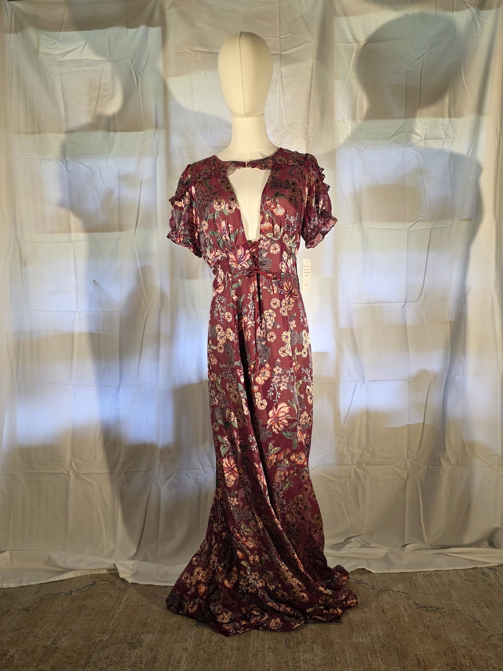 For Love & Lemons Burgundy Floral Maxi Dress with Keyhole Detail